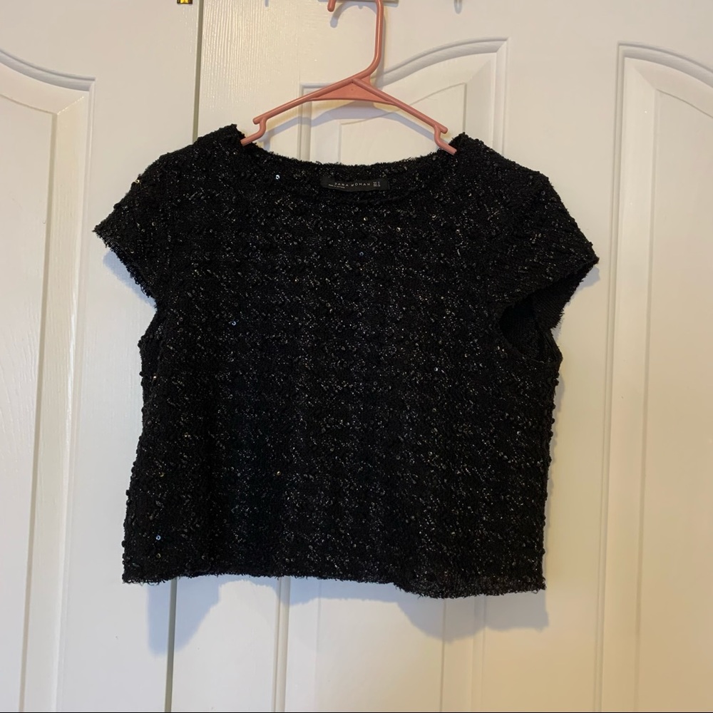 Zara Woman black knit crop top with sequin, size M